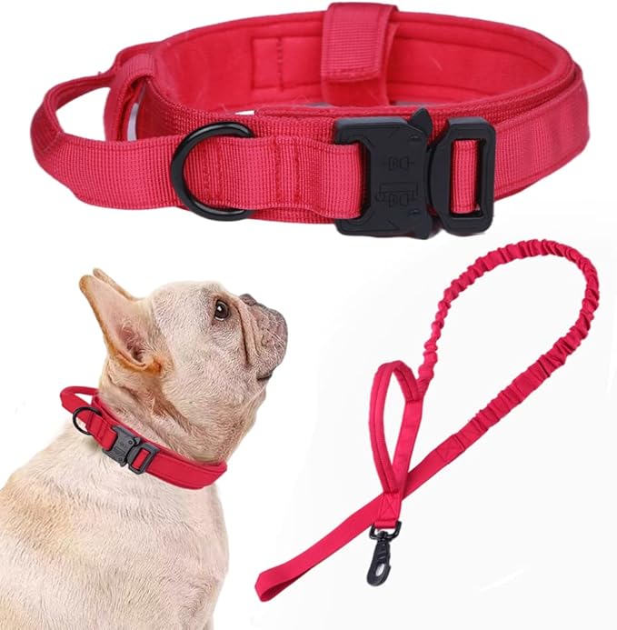 Xqpetlihai Tactical Dog Collar and Leash Set Adjustable Military Nylon Dog Collar with Control Handle and Heavy Duty Metal Buckle for Large Dogs（Red S