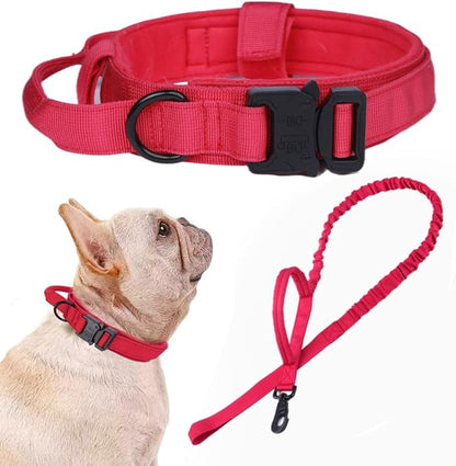 Xqpetlihai Tactical Dog Collar and Leash Set Adjustable Military Nylon Dog Collar with Control Handle and Heavy Duty Metal Buckle for Large Dogs（Red S