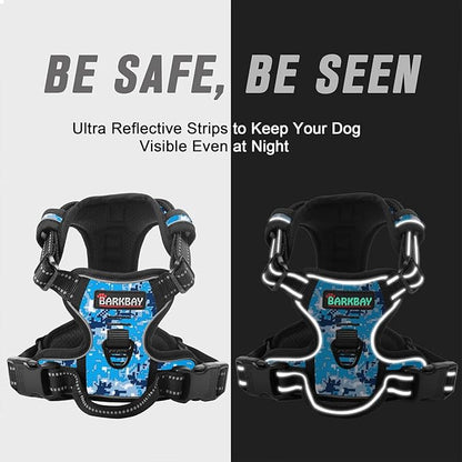 BARKBAY No Pull Dog Harness Front Clip Heavy Duty Reflective Easy Control Handle for Large Dog Walking(Blue camo,L)