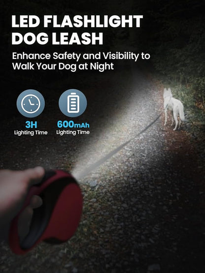 Retractable Dog Leash with Led Light, Douexio 16ft Heavy Duty Dog Leash Retractable for Medium Large Dogs Up to 110lbs,360° Tangle-Free, One-Button Control, High Strength Hook (Red, 66-110lbs)