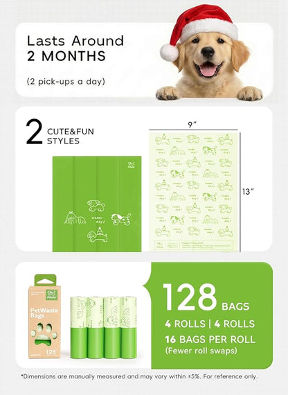 Dog Poop Bags Rolls, 128 Count (8 Refills) - 60% Recycled Plastic Unscented - Leak Proof, Extra Thick Waste Bag with Easy-Peel Sticker (Green)