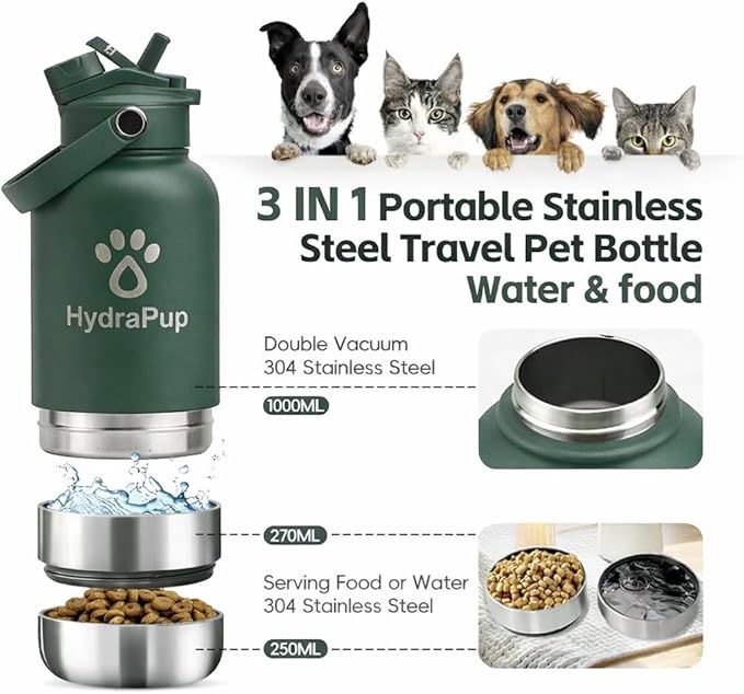32oz Insulated Water Bottle with Dog Bowls – Human & Pet Shared Use, Stainless Steel Leakproof Travel Bottle (Forest Green)
