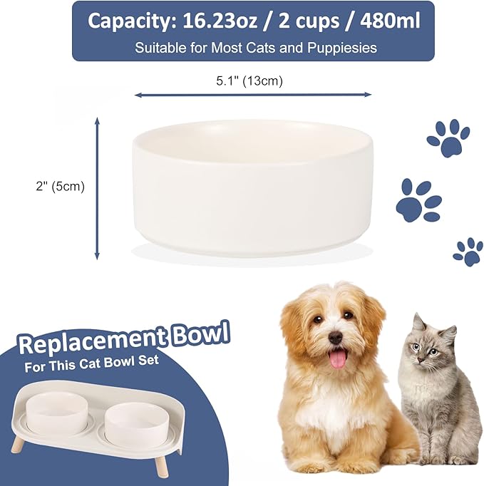 Ceramic Cat Bowl Dog Dish - Small Pet Feeding Bowl for Cats and Puppies - Microwave and Dishwasher Safe - 16.23 oz - 480ml - White