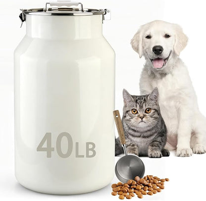 Dog-Cat Food Storage Container 40 lb/38 Qt, Large Stainless Steel Pet Food Bin with Airtight Lid & Scoop Included, Durable 304 Metal Storage for Dogs & Cats