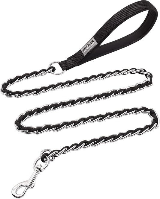 Chain Dog Leash Chew Proof Metal Leash for Medium Large Dogs, Chain Link Dog Anti Chew 5.2FT / 4FT Strong Anti Bite Comfortable Soft Padded Handle (Black, 4FT(5-30lb))