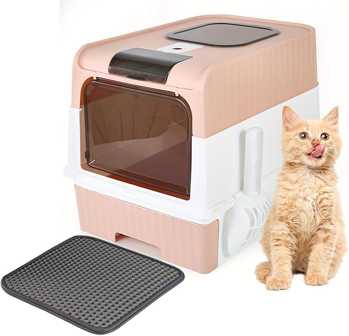 Cat Litter Box with Litter Mat, 18"x14"x13" Large Litter Box for Big Cats, Enclosed Removable Litter Boxs, Front Entry Top Exit Kitty Box, Odor Control, Easy to Clean (Pink)