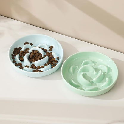 Cat Slow Feeder Bowl Set - 2 Pcs Ceramic Cat Food Plates for Slow Eating - Double Cat Dish for Dry Wet Food - Slow Feeding Cat Bowls Whisker Friendly - Microwave and Dishwasher Safe - Blue and Green