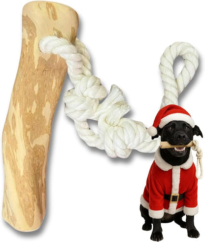 Coffee Wood Dog Chew Toy with Rope for Large Dogs, Natural Wood Stick for Light to Moderate Chewers, Safe Chewing for Dental Care, Tug Play & Boredom Relief (Large - Over 50 lbs)