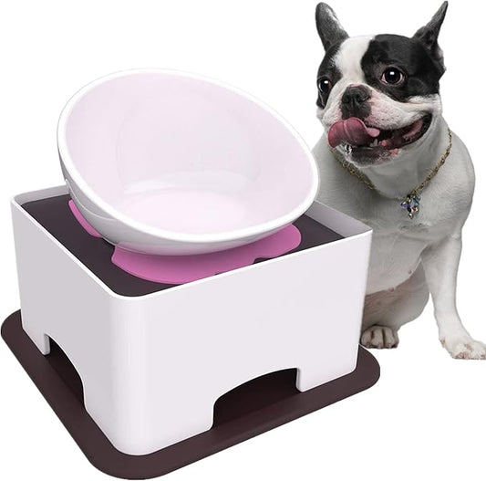 Ceramic Bulldog Bowl Dog Feeding Bowl - Dog Dish Wide Mouth Pet Sterile Tilted Pet Feeder with Anti-Skid Rubber Mat for Small Medium Dogs (White)