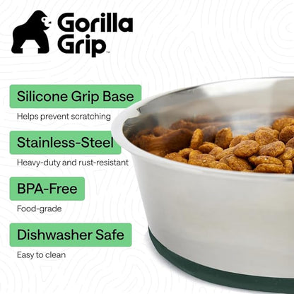 GORILLA GRIP Dog Bowls, Food Grade 304 Stainless Steel, Holds 6 Cups Each (48 fl oz) Food and Water Bowl for Feeding Dogs and Cats, Dishwasher Safe, Rust Resistant, BPA Free Rubber Base Set of 2 Green
