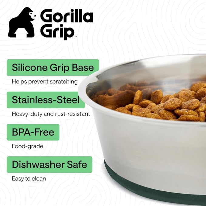 GORILLA GRIP Dog Bowls, Food Grade 304 Stainless Steel, Holds 4 Cups Each (32 fl oz) Food and Water Bowl for Feeding Dogs and Cats, Dishwasher Safe, Rust Resistant, BPA Free Rubber Base Set of 2 Green