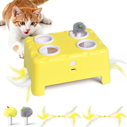 Cheese Box Interactive Cat Toy for Indoor Cats, 3-in-1 Whack a Mole Feather Toy, 3 Modes Rechargeable Auto Cat Toys for Bored Cats, 4 Holes Kitten Toy, 4 Accessories (Yellow)