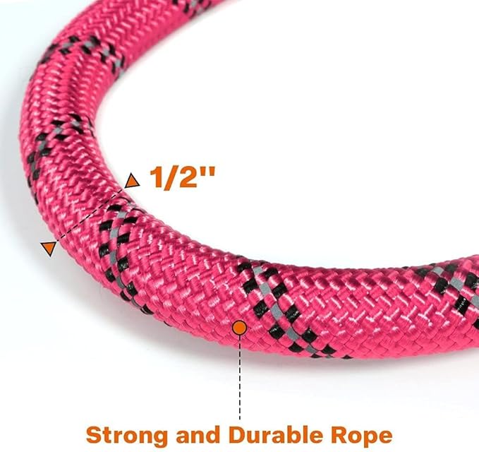 Taglory Rope Dog Leash 6 FT with Comfortable Padded Handle, Highly Reflective Threads Leash and Anti-Tangle Clip for Walking Medium Large Dogs, 1/2 inch, Pink