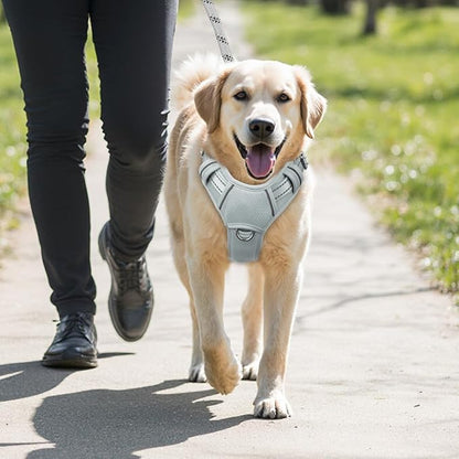 BARKBAY No Pull Dog Harness Large Reflective Dog Harness with Front Clip and Easy Control Handle for Walking Training Running with ID tag Pocket(Grey,L)