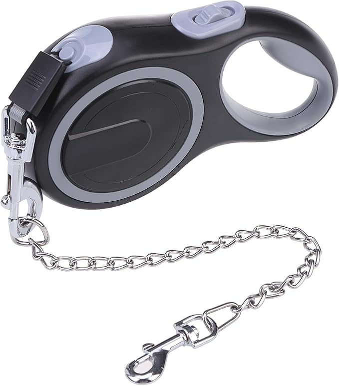 PupTeck Retractable Dog Leash with Chew Proof Chain, 360 Tangle-Free Pet Walking Leash, Heavy Duty up to 110lbs, 16ft Strong Nylon, One-Hand Brake Black
