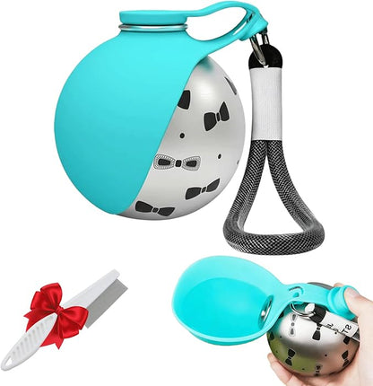 Portable Dog Water Ball, Foldable Pet Water Bottle – Portable, Leak-Proof & Perfect for Travel, 304 Stainless Steel Large-Capacity (287ml) Cup with Foldable Silicone Bowl (Blue with Print)