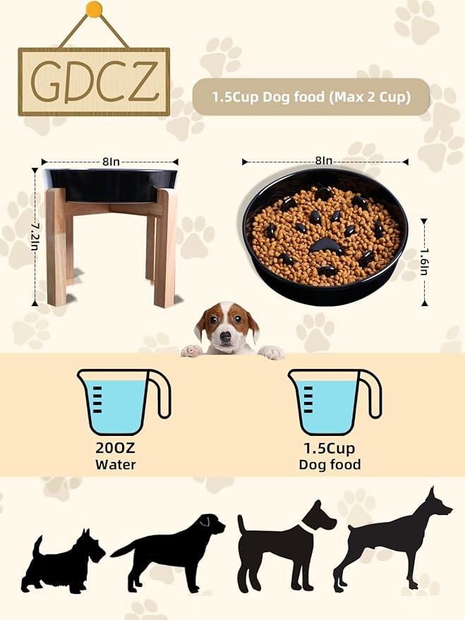 Dog Slow Feeder Bowl with Stand, Round Ceramic Pet Food Bowl for Medium Breed, Fun Raised Dog Bowls to Slow Down Eating (Black)