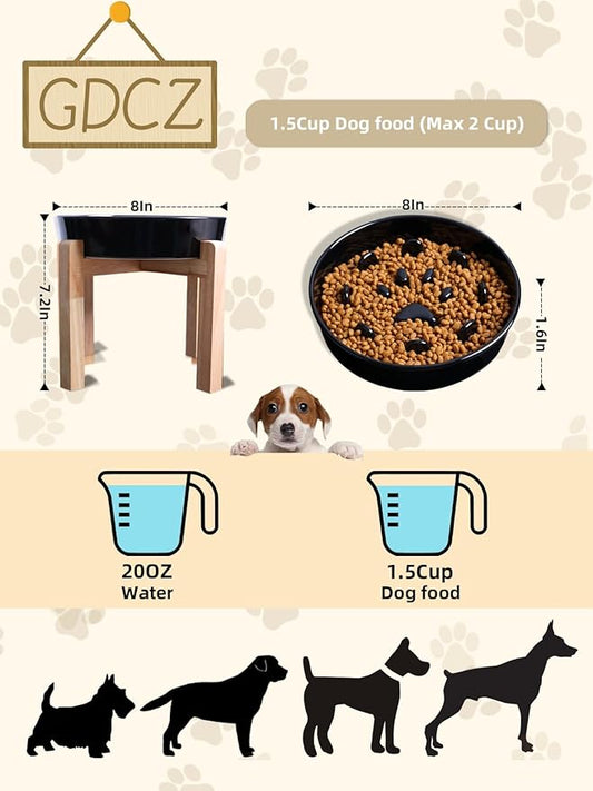 Dog Slow Feeder Bowl with Stand, Round Ceramic Pet Food Bowl for Medium Breed, Fun Raised Dog Bowls to Slow Down Eating (Black)