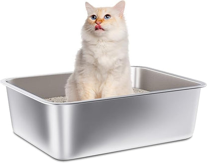 Stainless Steel Litter Box, Large Metal Cat Litter Box for Small to Medium Cats, High Sides, 18"x14"x6"，Non Stick, No Smell, Easy to Clean