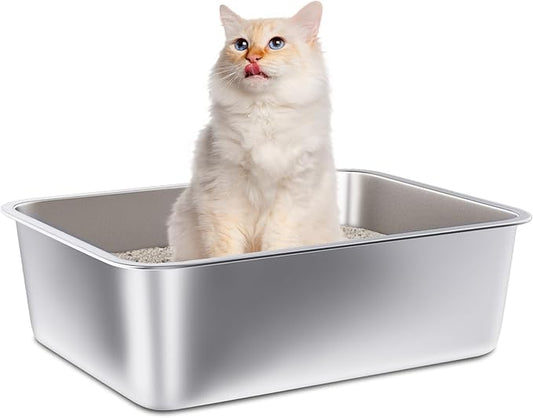 Stainless Steel Litter Box, Large Metal Cat Litter Box for Small to Medium Cats, High Sides, 18"x14"x6"，Non Stick, No Smell, Easy to Clean