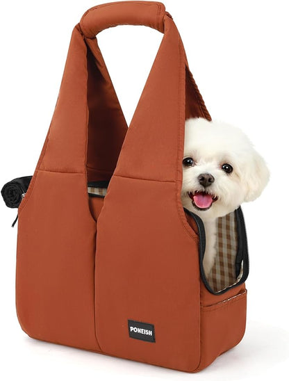 Dog Purse Carrier for Small Dogs and Cats, Soft-Sided Pet Tote Bag with 6 Large Pockets, Collapsible Travel Puppy Carrier, Fits Pets up to 16 lbs (Caramel, 17.5" L x 8" W x 12" H)