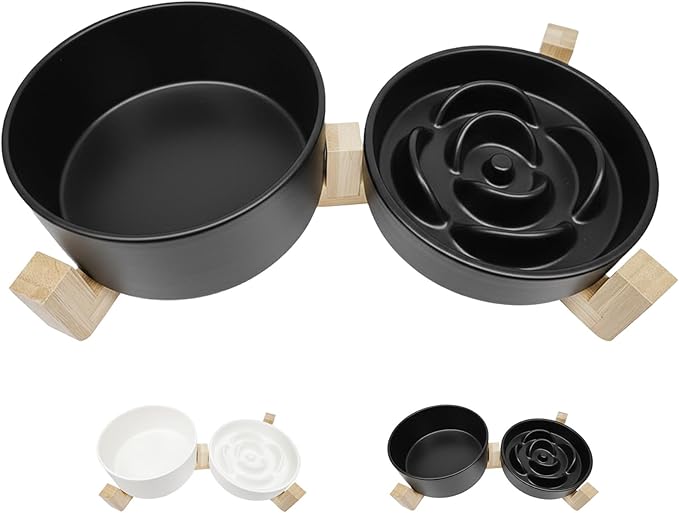 Ceramic Slow Feeder Dog Bowl Set-1 Cup Puzzle Dog Food Bowl & 850ML Water bowl with wooden stand for small dogs, Anti-Gulping,Anti-chewing,Anti-Slip,Black