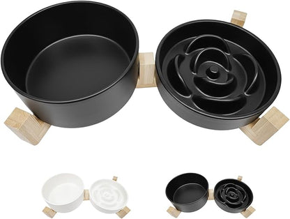 Ceramic Slow Feeder Dog Bowl Set-1 Cup Puzzle Dog Food Bowl & 850ML Water bowl with wooden stand for small dogs, Anti-Gulping,Anti-chewing,Anti-Slip,Black