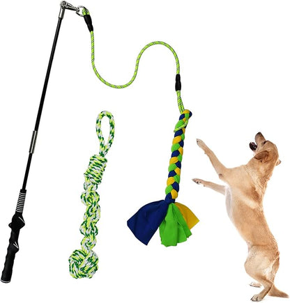 Flirt Pole for Dogs Heavy Duty, Interactive Chase & Tug of War Teaser Wand with Detachable Replacement Knot Ball and Rope Chewing Toys Flirt Stick for Small Medium Large Dogs Exercise & Training