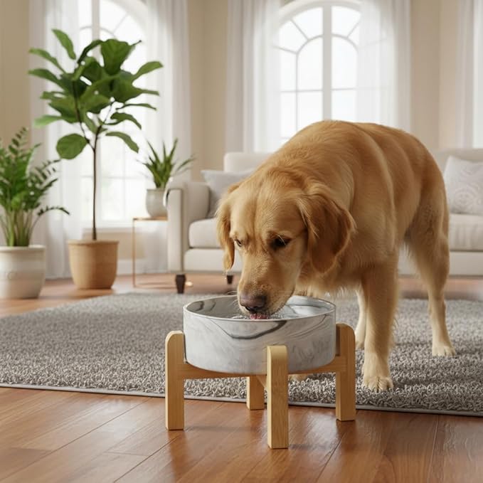 Elevated/Raised Ceramic Dog Bowl with Bamboo Stand,Marble Pattern 7 Inch 7.6 Cups Non Slip Heavy Weighted Single Pet Dish,Reduces Neck Strain Marble Gray