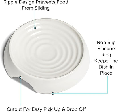 CatGuru Cat Bowls, Whisker Friendly Food Bowl for Indoor Cats, Reliefs Whisker Fatigue, Wide Kitten Dish, Non Slip Pet Dishes, Shallow Pet Plates (Ceramic, White, (Pack of 1))