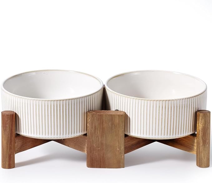 Getstar Ceramic Dog Bowls Set with Acacia Wood Stand, 3.5 Cups Pet Bowls Set of 2 for Medium Dogs, Cute Dog Food Bowl, Cat Bowls