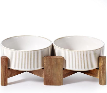 Getstar Ceramic Dog Bowls Set with Acacia Wood Stand, 3.5 Cups Pet Bowls Set of 2 for Medium Dogs, Cute Dog Food Bowl, Cat Bowls