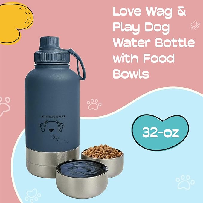 Love Wag & Play Dog Water Bottle with Food Bowls, Portable Stainless Steel Bottle for Dogs, Leakproof Travel Design with Detachable Bowls for Walks, Hikes and Outdoor Adventures (32 oz)