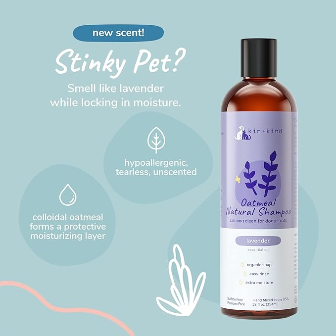 kin+kind Oatmeal Natural Dog and Cat Shampoo - Gentle Oatmeal Clean for Sensitive Skin - Lavender Fragrance - 12 fl oz