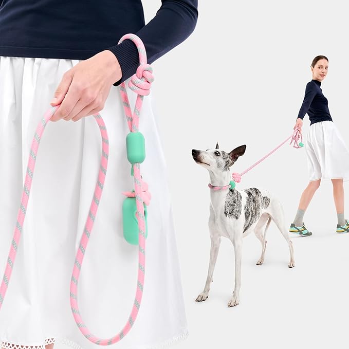 VETRESKA Hands-Free Dog Leash, 8FT Adjustable Rope Leash for Medium Large Dogs, Waist/Crossbody Slip Lead Leashes for Walking, No Pull Dog Leashes with Bag Dispenser, Clip, 3 in 1 Walk Kit (Flora)