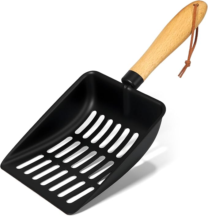 Cat Litter Scoop, Metal Litter Scoop, Heavy Duty Metal Cat Scooper for Litter Box, Black Sifter Scoop for Pellets, Wooden Handle Scoop with Hole, Kitty Necessity (Short)