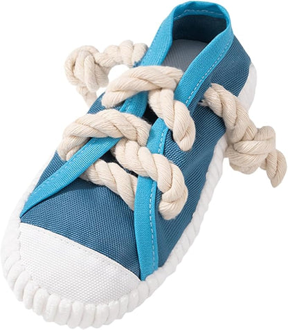 Interactive Squeaky Dog Toy with Jingle Bell - Shoe-Shaped Chew Toy for Puppy Teething, Thickened Laces for Small and Medium Breeds Tug-of-War, Not for Aggressive Chewers (Blue)