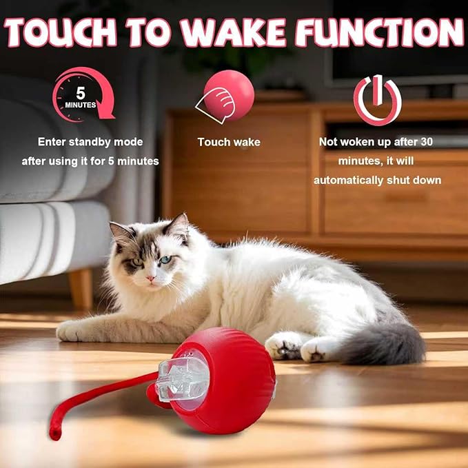Automatic Interactive Cat Toys Ball, Motion Activated Kitten Toys with Twitchy Tail, 3 Speed Modes & Rechargeable Battery, Fun Indoor Cat Enrichment Toys for Small Medium Large Cats (Red)