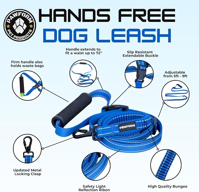 Pet Products Hands Free Dog Leash, Around The Waist, Crossbody, Solid Handle, Heavy Duty, (Blue)