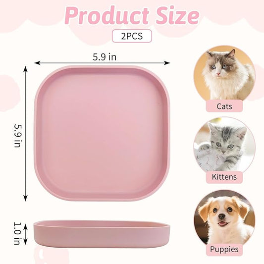 Fhiny 2PCS Silicone Cat Bowls Set 5.9 x 5.9 in Shallow Dog Dish Whisker Friendly Cat Food Plate for Dry & Wet Food Dishwasher Safe Non-Slip Pet Feeding Bowls for Kittens and Puppies (Pink)