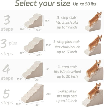 Dog Stairs for Small Dogs and Cats 18" H, High Density Support Foam Dog Steps Ramp for Bed and Couch, Pet Stairs with Non-Slip Bottom and Remove Washable Cover, 4-Step Pet Steps, Beige