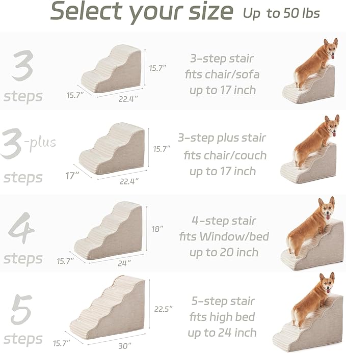 Dog Stairs for Small Dogs & Cats 15.7" H, High Density Foam Dog Steps Ramp for Couch Sofa and Chair, Pet Stairs with Non-Slip Bottom and Remove Washable Cover, 3-Step Pet Steps, Beige