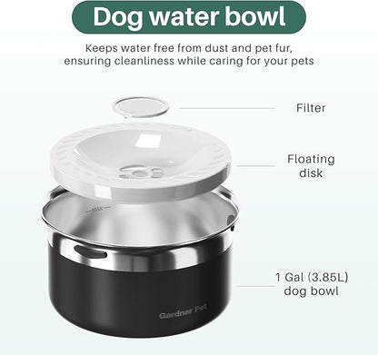 Gardner Pet Dog Bowls 1 Gallon (3.85L) Stainless Steel No Spill Water Bowl, Slow Water Feeder Metal Dog Bowls, Spill Proof Water Dispenser for Large Dogs, Promotes Healthy Hydration(Black)
