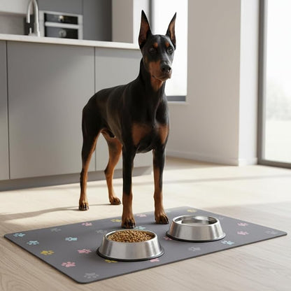 Pet Feeding Mat Absorbent Dog Mat for Food and Water Non Slip Quick Dry Dog Bowl Mats for Floors 27" X 17" Paw Dark Gray