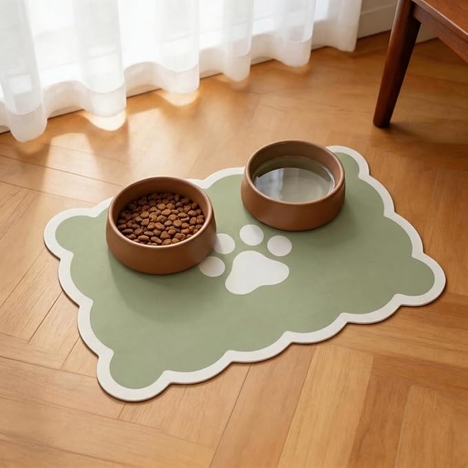 Absorbent Pet Food Mat, Scalloped Edge Dog Cat Bowl Mat with Rubber Backing, Quick-Dry Leather Feeding Mat for Messy Drinkers, 16" x 24", Sage Green