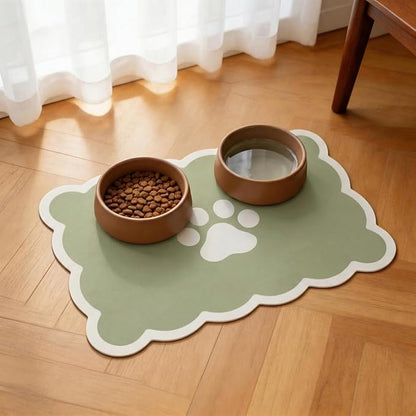 Absorbent Pet Food Mat, Scalloped Edge Dog Cat Bowl Mat with Rubber Backing, Quick-Dry Leather Feeding Mat for Messy Drinkers, 16" x 24", Sage Green