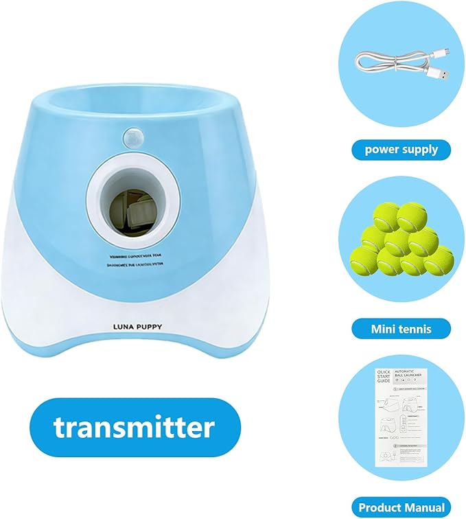 Automatic Dog Ball Launcher for Small to Medium Dogs - Hands-Free Interactive Fetch Toy, 3 Adjustable 10-30Ft Distance, 9 Pcs 2 Inch Eco-Friendly Dog-Safe Mini Tennis Balls. (Blue)