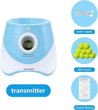 Automatic Dog Ball Launcher for Small to Medium Dogs - Hands-Free Interactive Fetch Toy, 3 Adjustable 10-30Ft Distance, 9 Pcs 2 Inch Eco-Friendly Dog-Safe Mini Tennis Balls. (Blue)
