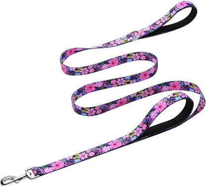 Hikiko Cute Girl Double Handle Dog Leash 6 Foot Padded Traffic Handles for Walking Training (Pinkish-Purple Floral, 6ft)