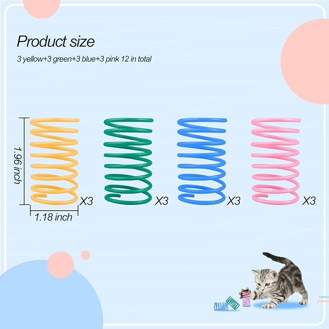 Andiker Cat Spring Toys, 12pcs Colorful & Durable Wide Plastic Cat Toys for Indoor Cats to Play to Release Energy and Keep Fit Bounce Interactive Cat Toy for Swatting, Biting, Hunting Kitten Toys (M)